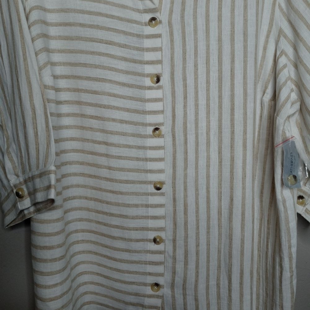 Catherines Linen Cotton Blend Tan & Cream Stripe Button Up Shirt - Picture 3 of 4
